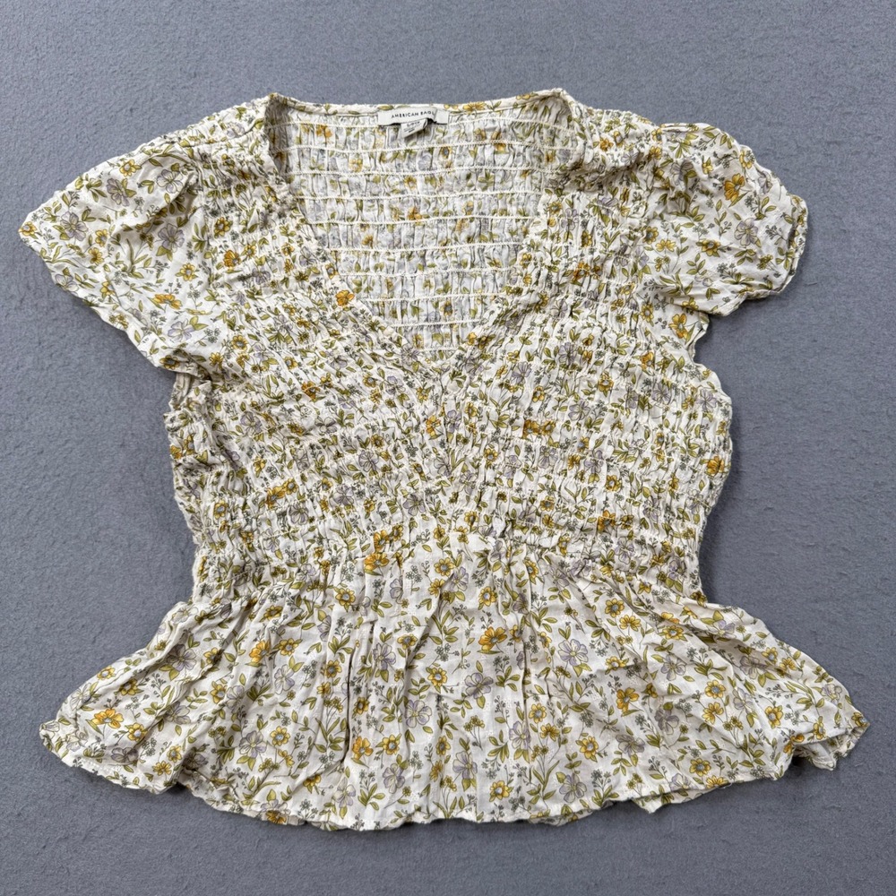 American Eagle Peplum Top Women's Small White Floral Smocked V-Neck Boho Summer